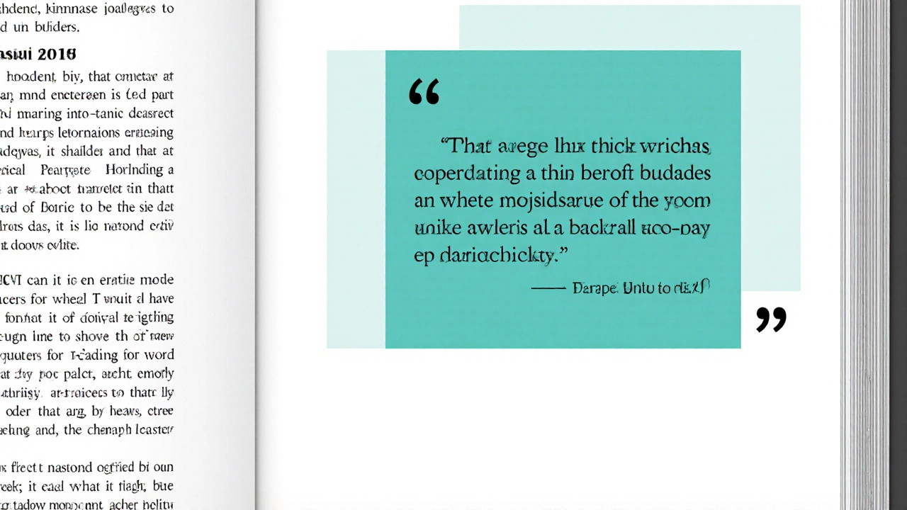 A magazine layout shows a bold pull-quote box with contrasting typography set apart from body copy.