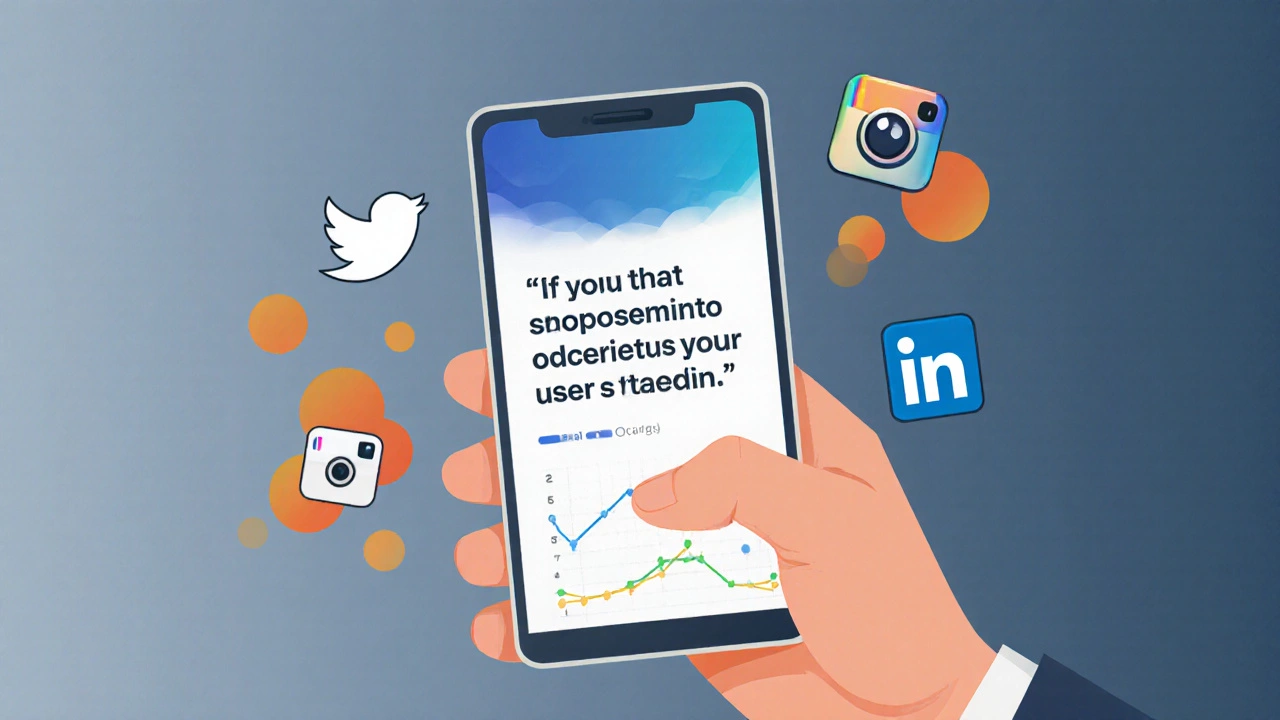 A smartphone displays a pull-quote graphic with heat-map highlights and social-share icons floating nearby.