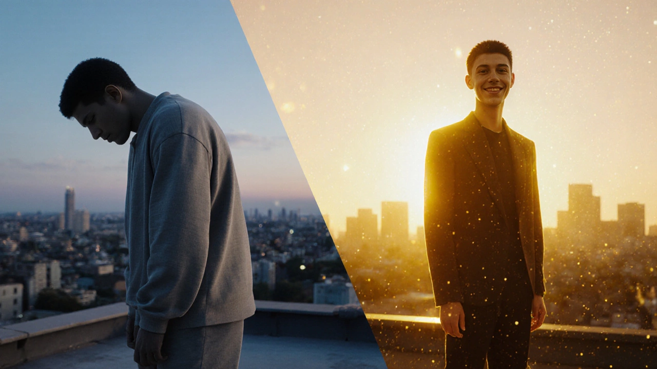 Before and after rooftop scene showing posture and aura transformation.