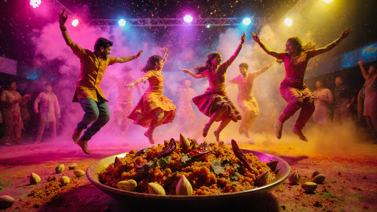Bollywood dancers celebrating Holi with bright powder and a spiced biryani dish.