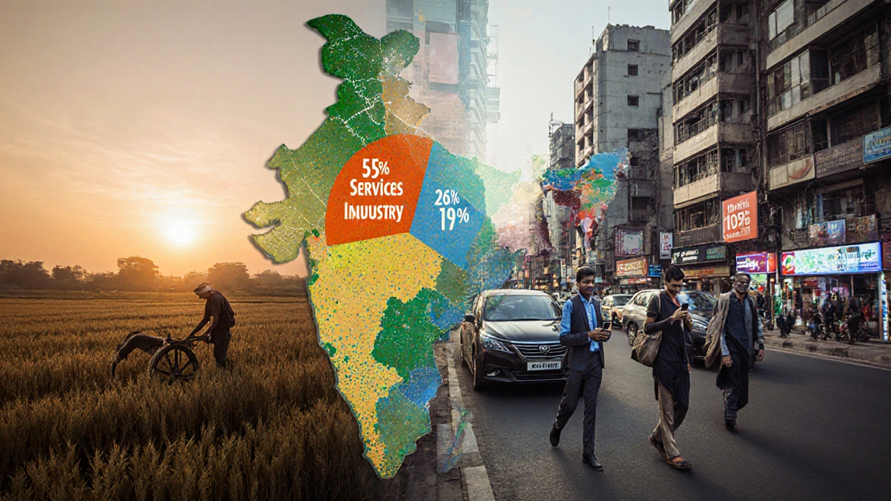 Collage of Mumbai street life beside a farmer's field, highlighting sectoral gaps.