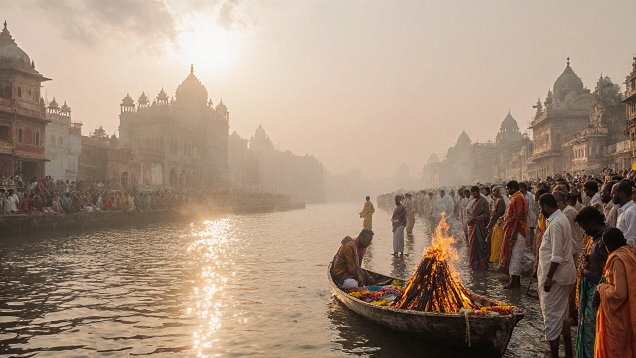 Crowded Ganges banks at dawn with pilgrims, a funeral procession, and misty sunrise.
