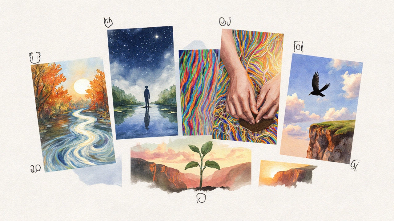 Five watercolor panels show leaves, pond reflection, tapestry threads, sprouting seed, and soaring bird.