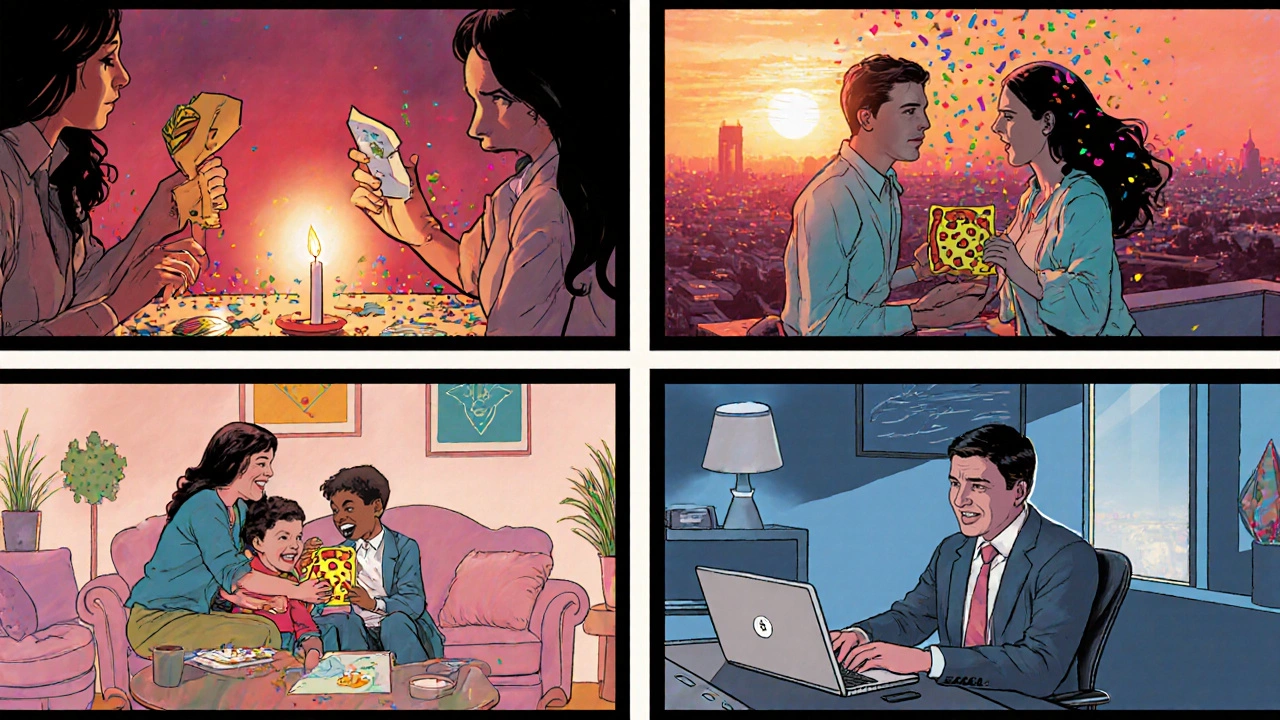 Four comic‑style scenes showing birthday greetings for a partner, friend, family, and colleague.