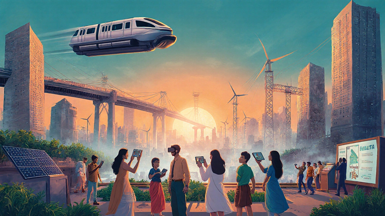 Futuristic Indian megacity with young people using AR devices and new infrastructure.