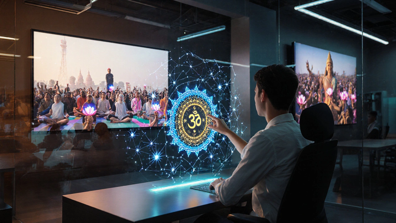 Futuristic Indian tech office blending AI Vedic astrology, yoga livestream, and Bodh Gaya pilgrimage holograms.