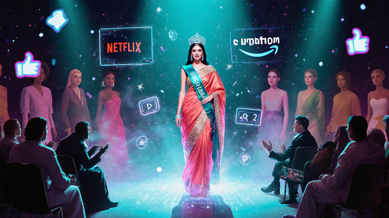 Futuristic stage scene showing a rising Indian beauty icon with digital overlays.