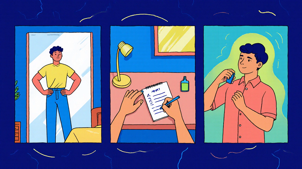 Illustrated steps of the Rizz Routine: power‑pose, micro‑wins list, grooming.