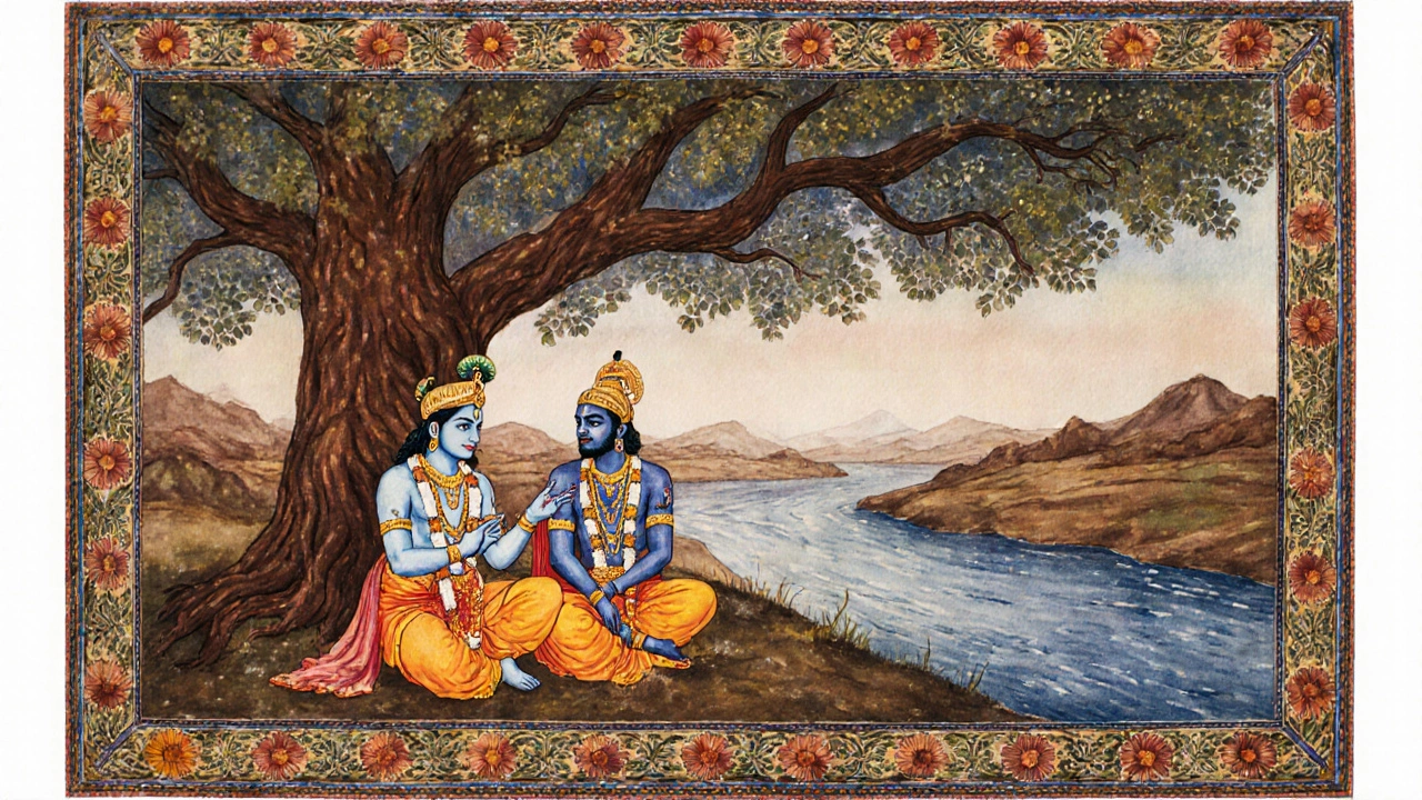 Krishna and Arjuna under a banyan tree, illustrating mentorship and loyalty.
