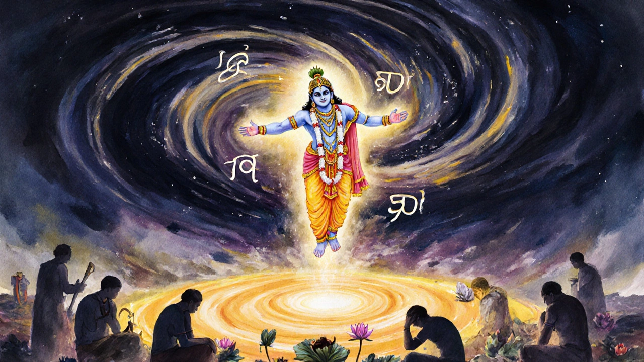 Krishna descending in golden light above a dark scene with floating Sanskrit text.