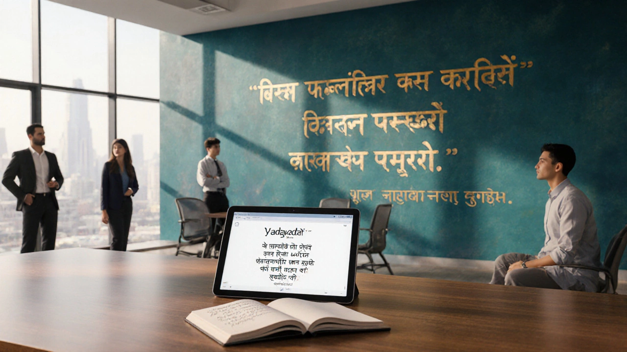 Modern office with a mural of the verse "Yadayadā" inspiring diverse people.