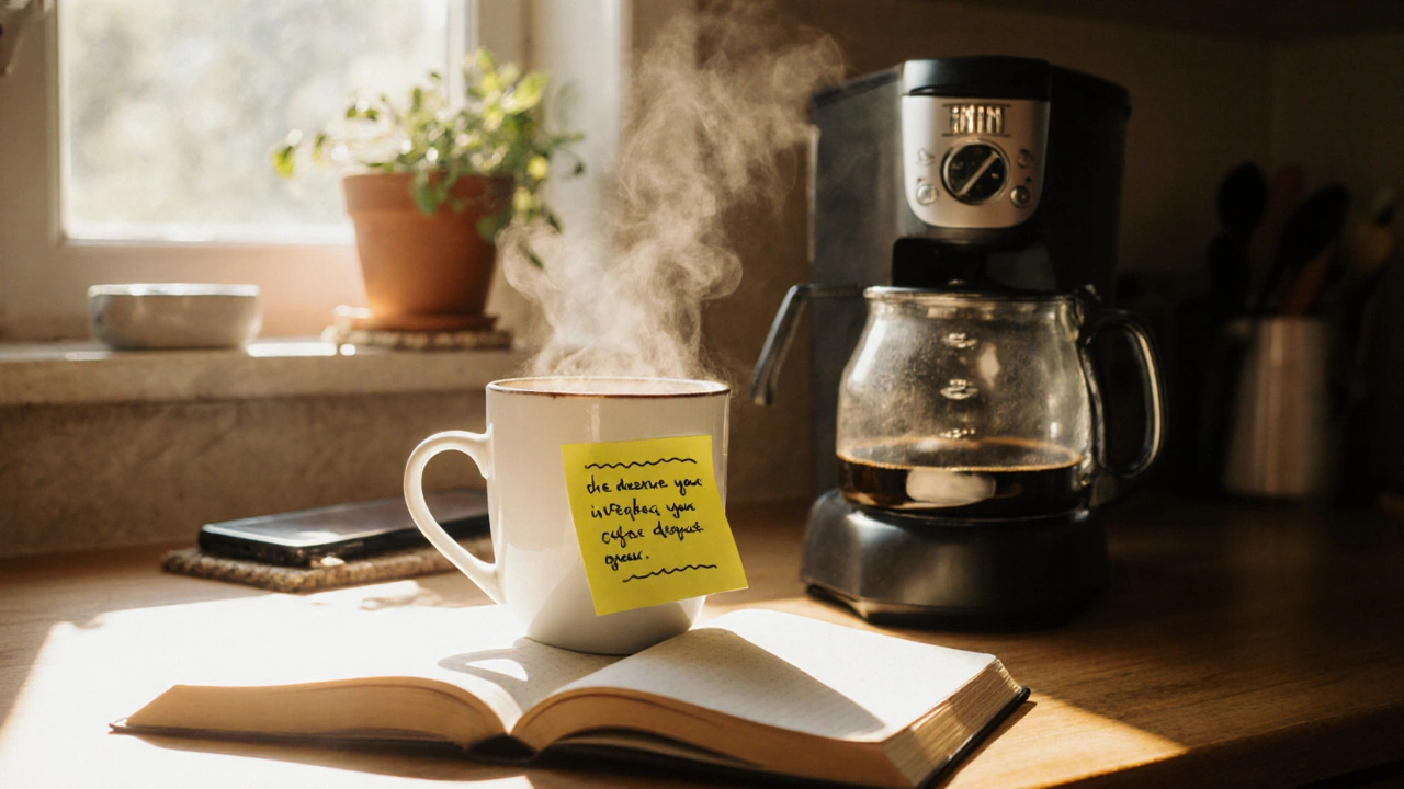 Morning kitchen with coffee, notebook, sticky note, and phone hinting at a quote.