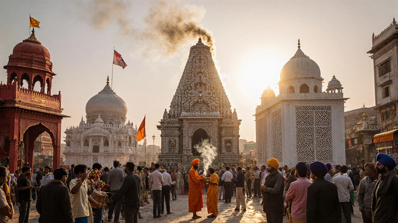 Multi-religious Indian market square with Hindu temple, Buddhist stupa, Sikh gurdwara, Jain temple, and Sufi shrine.