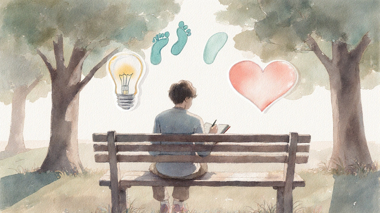 Person journals on a park bench with floating symbols of lightbulb, heart, and footsteps.