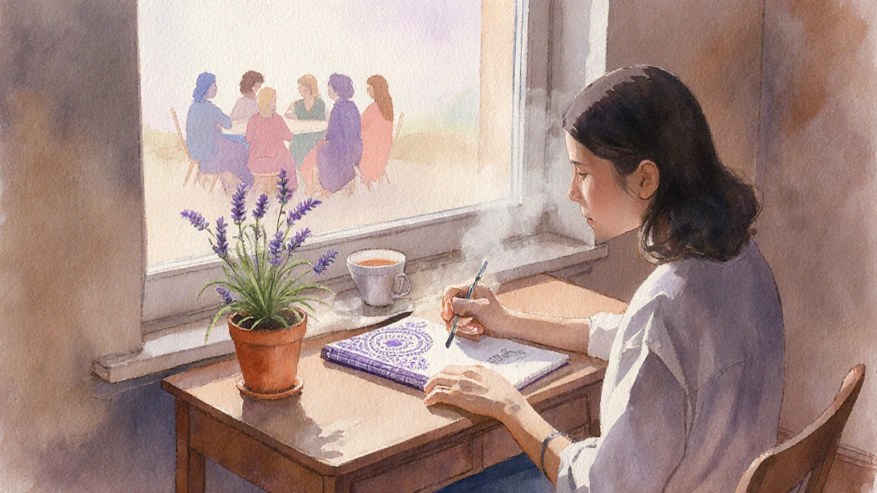 Person writing in a journal by a window, surrounded by warm morning light and a cup of tea.