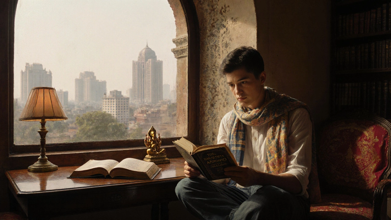 Reader in a historic library looking at Twain&#039;s book, with a view of modern Kolkata outside.