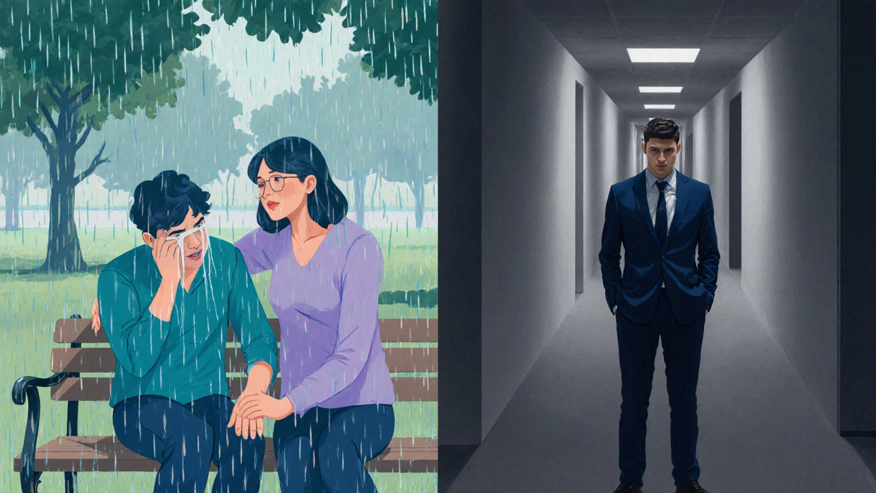 Split‑screen scene: one side crying with support, other side suppressing emotions alone.
