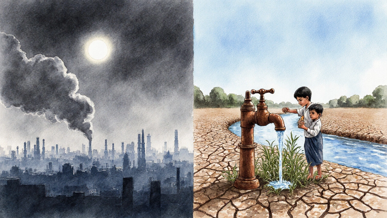 Split view of smog‑filled Delhi skyline and dry rural land with a child at a rusty tap.