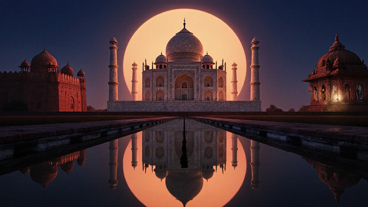 Taj Mahal at twilight with reflections, nearby forts and intricate carvings visible.