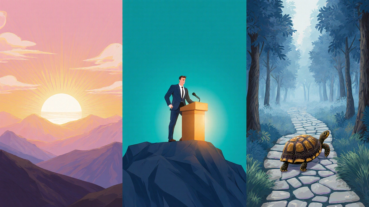 Three-panel illustration: sunrise for hope, confident figure on podium for confidence, turtle on path for perseverance.