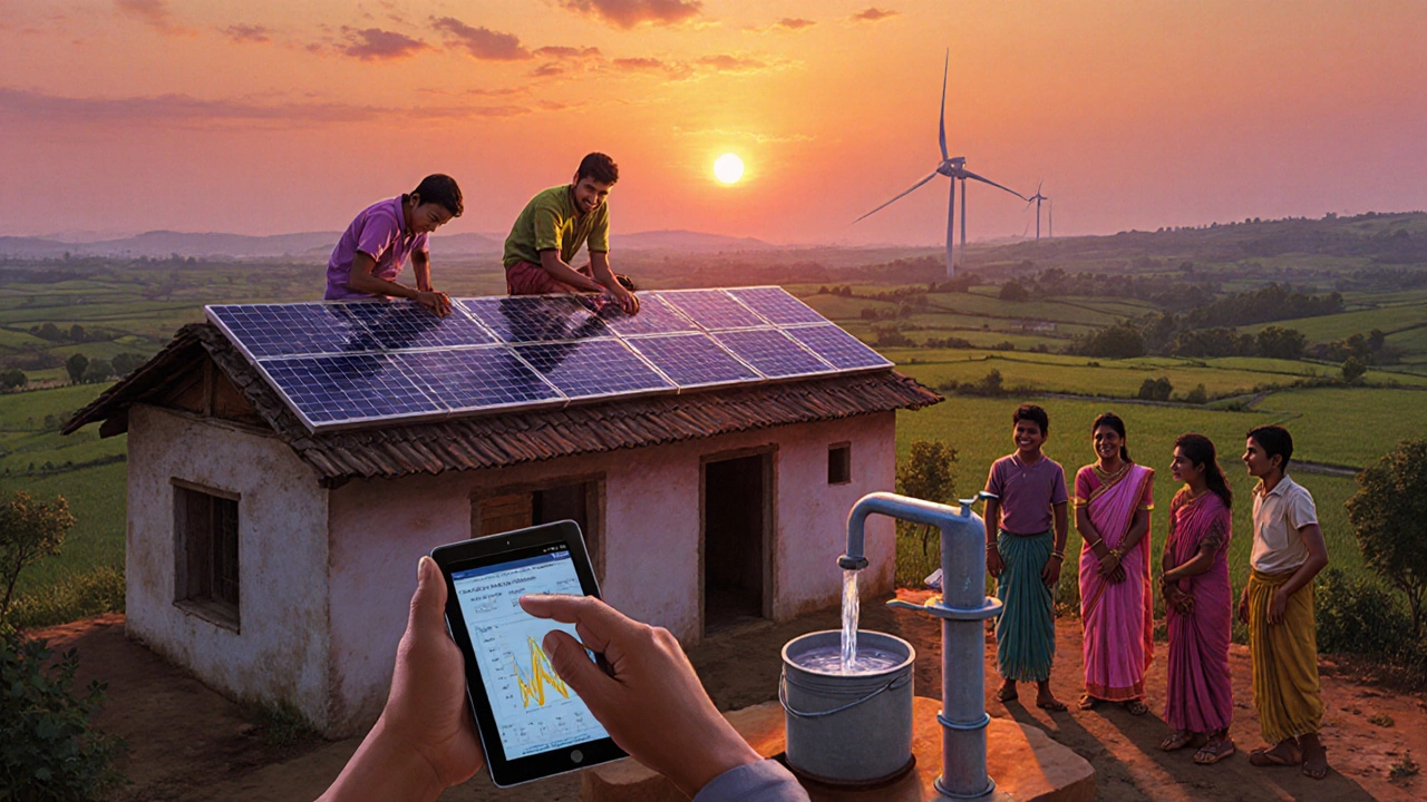 Villagers and youths installing solar panels and a clean water pump at sunrise.
