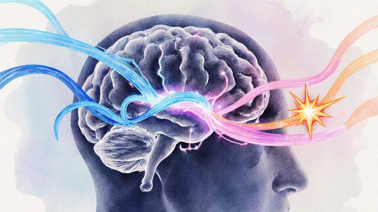 Watercolor brain showing colored streams of cortisol, oxytocin, and endorphins.