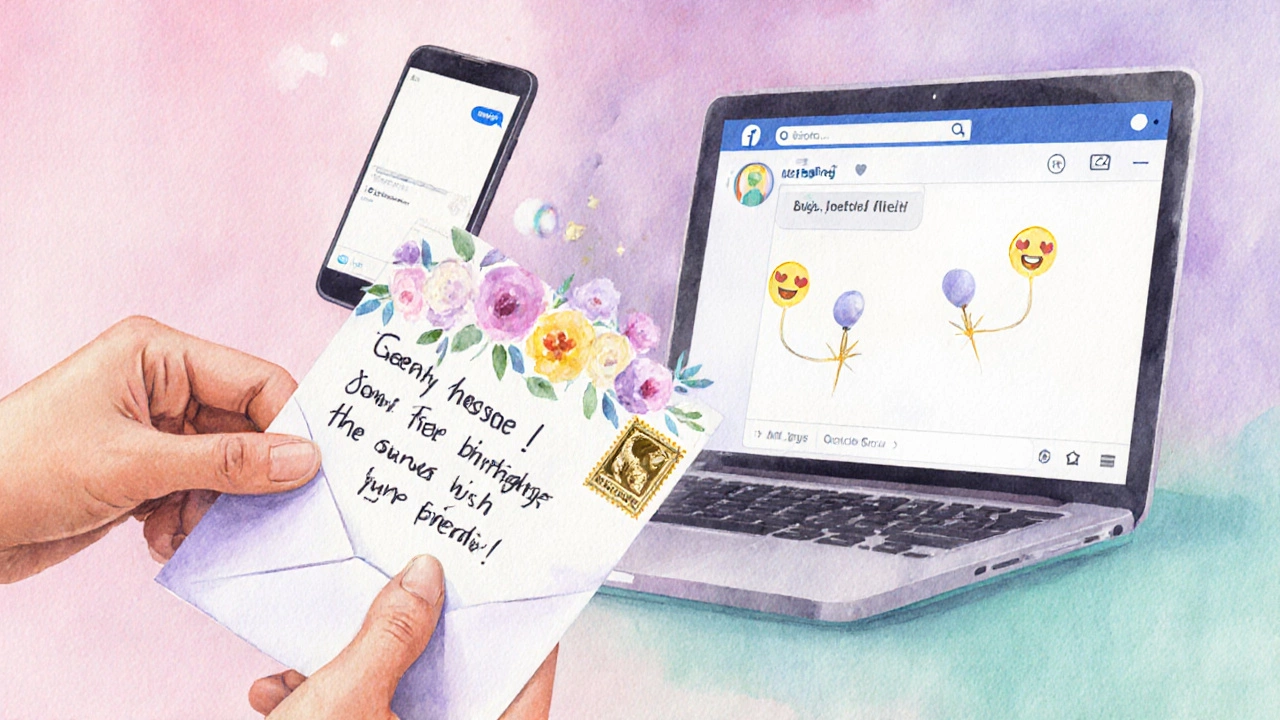 Watercolor of a hand holding a card while a phone and laptop show digital birthday messages.